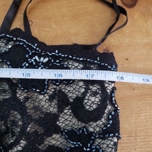 Etoile Size 12 Large Black Cream Beaded Sheath Lace Dress with Spaghetti Straps - Picture 10 of 13